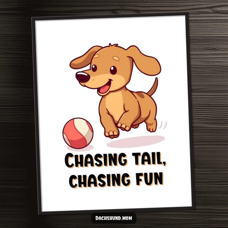 Funny Free Printable Wall Art: A Kawaii dachshund wagging its tail vigorously while chasing a bouncing ball.