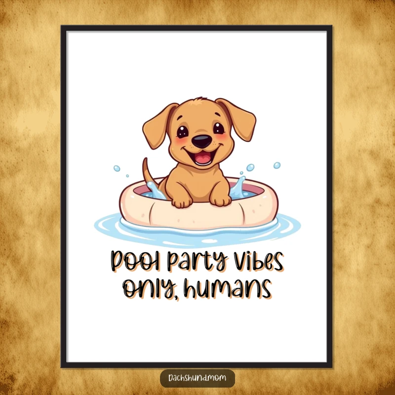 Funny free printable wall art: A giggling Dachshund cub joyfully splashes in a shallow kiddie pool, creating a wet scene.