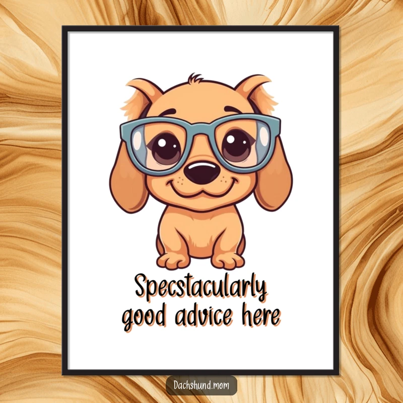 Funny Free Printable Dachshund Wall Art: Kawaii dog wearing comically large glasses with a silly, lovable expression.