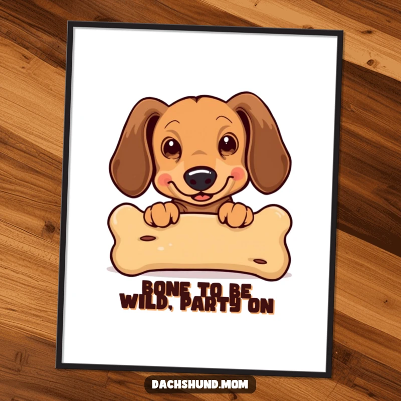 Funny Free Printable Wall Art: Excited Kawaii Dachshund peeking over a massive bone, ears flapping, exuding pure joy.