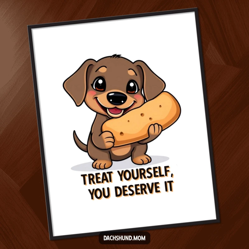 Funny Free Printable Wall Art of a Kawaii Dachshund with a massive goofy grin, proudly holding a comically huge treat.
