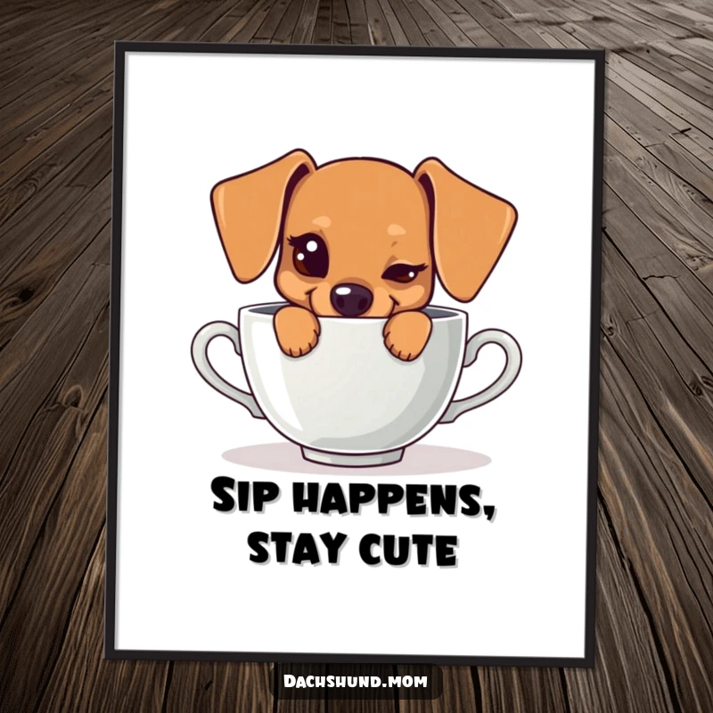 Funny Free Printable Wall Art: A kawaii dachshund peeking out from behind a giant teacup with a playful wink.