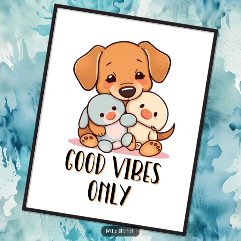 Funny Free Printable Wall Art: A kawaii dachshund contentedly snuggles a small plush toy, radiating warmth and comfort.