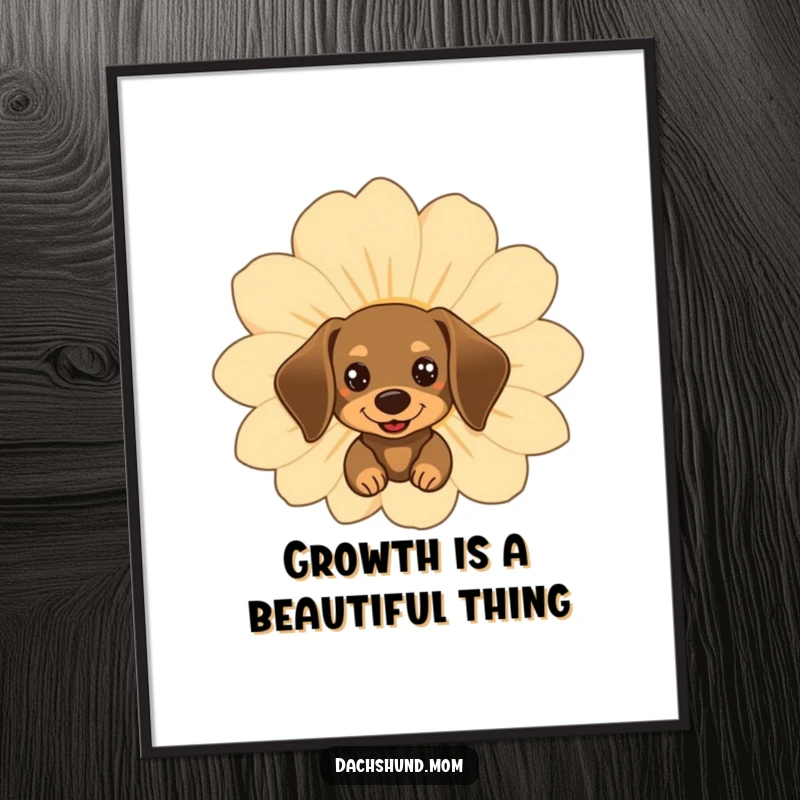 Funny Free Printable Wall Art: Kawaii dachshund peeking from behind a giant, happy flower, a charming scene.