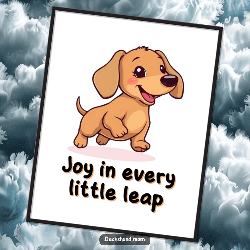 Funny free printable wall art: a dachshund captured in mid-air, doing a silly and incredibly joyful little hop.