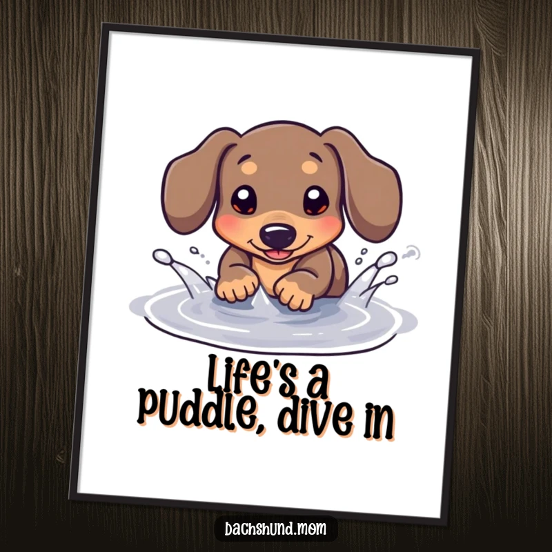 Funny Free Printable Wall Art of a kawaii dachshund playfully splashing in a tiny puddle, adding a whimsical touch to any space, great downloadable art.