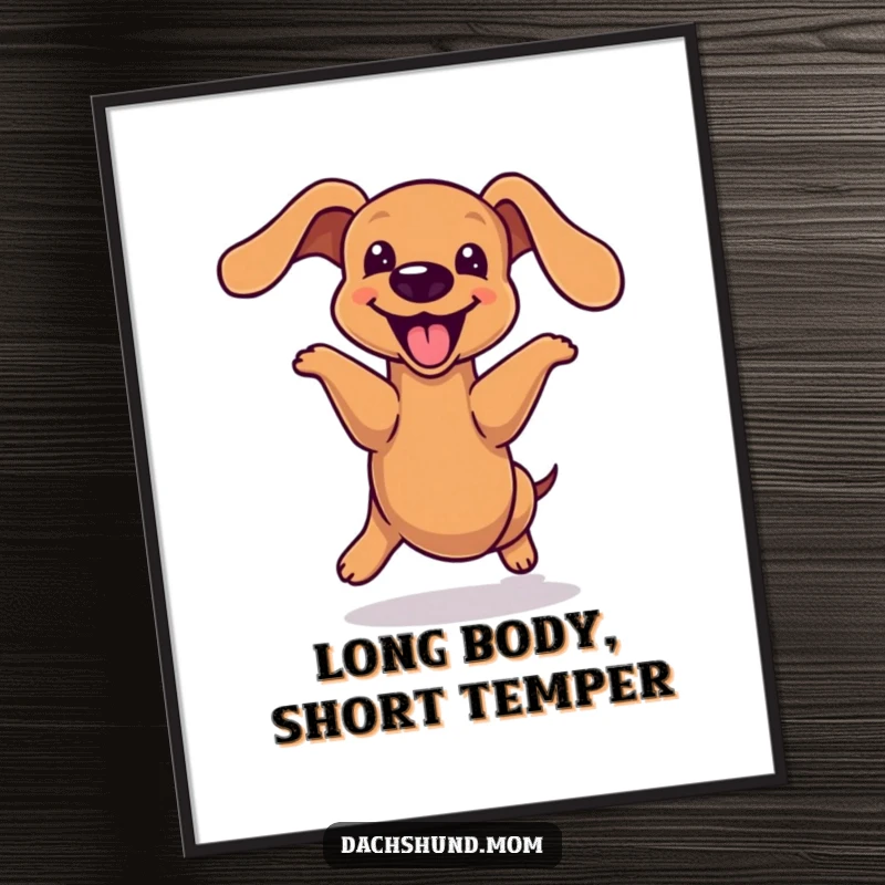 Funny Free Printable Wall Art: Kawaii dachshund executing a joyful hop, its long body captured mid-air with happiness.