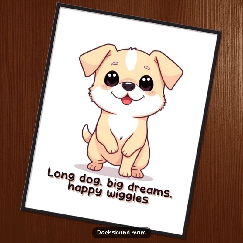 Funny Free Printable Long Dog Wall Art: A tiny, long dog with big eyes wiggling its body enthusiastically, creating a lively and humorous decor piece.