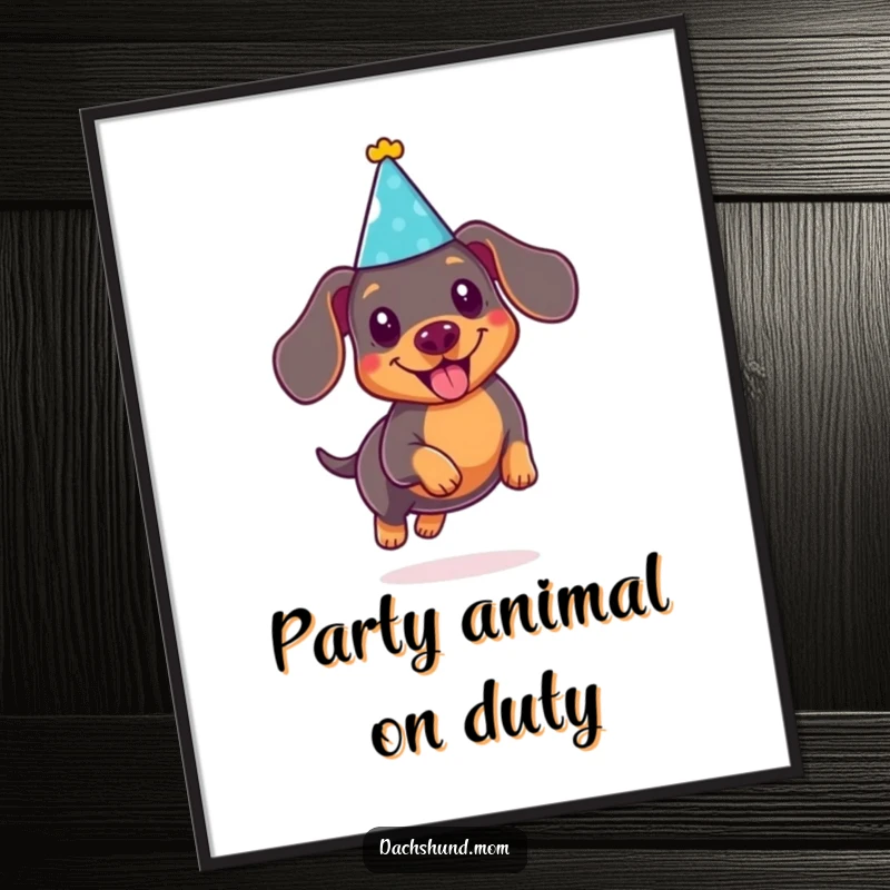Funny Free Printable Wall Art: A cute Kawaii dachshund wearing a tiny party hat, joyfully leaping.
