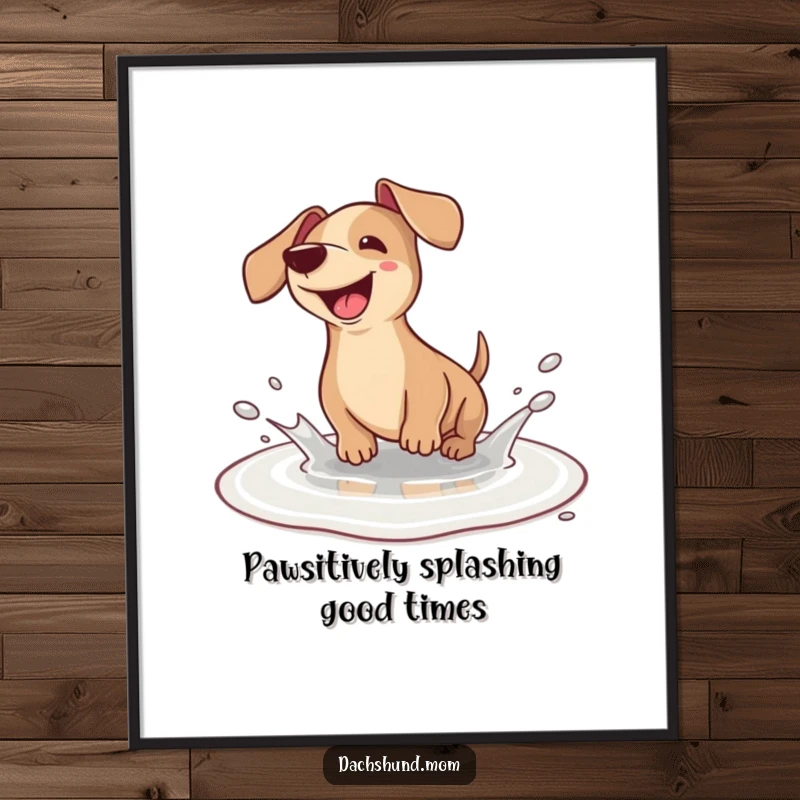 Funny Free Printable Wall Art: Kawaii dachshund joyfully splashing in a tiny puddle, radiating happiness and humor.