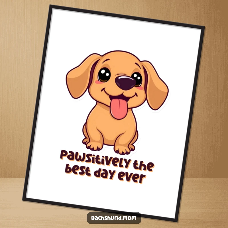 Funny Free Printable Wall Art featuring a kawaii dachshund with its tongue out, panting happily after playtime, ready to hang.