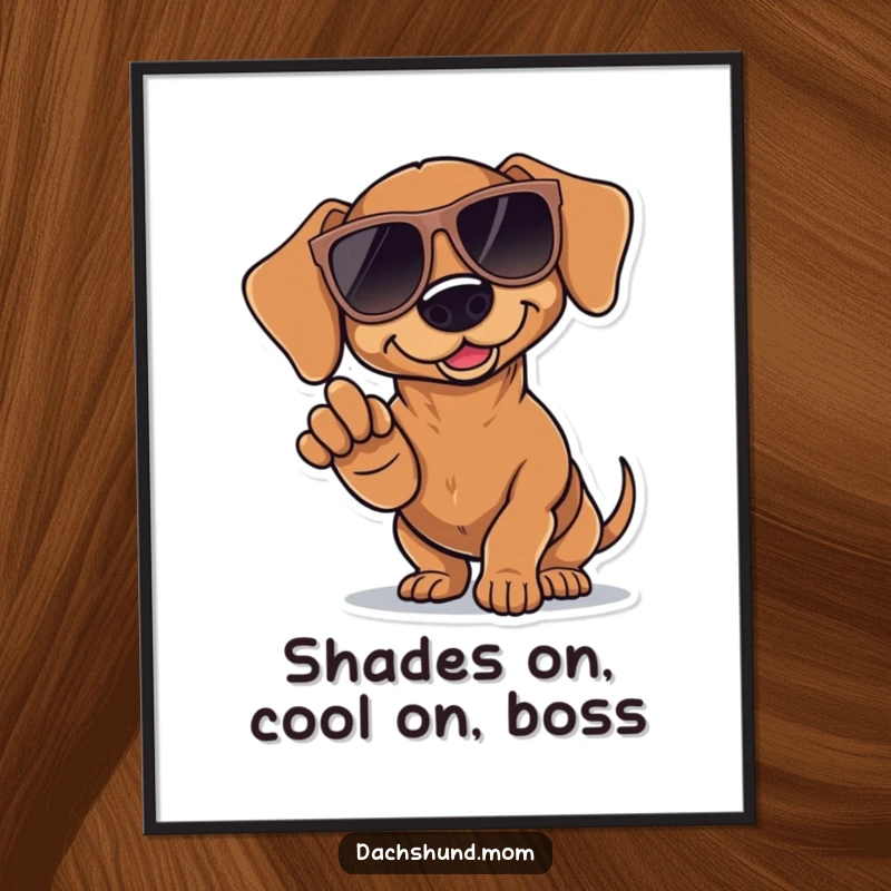 Funny Free Printable Wall Art of a Kawaii Dachshund wearing enormous sunglasses and pointing dramatically, radiating cool confidence.