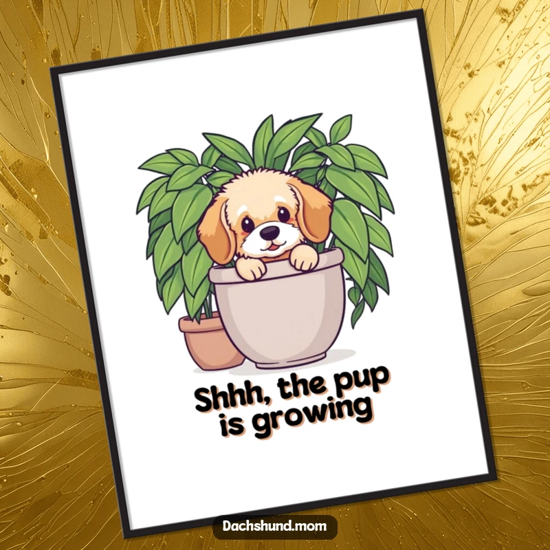 Funny free printable wall art: A fluffy dachshund pup peeking mischievously from a large, vibrant potted plant.