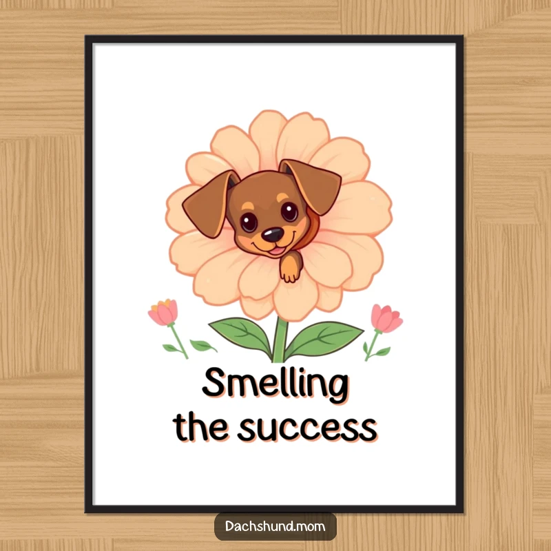 Funny Free Printable Dachshund Wall Art: Tiny dachshund peeking out from behind a large, cheerful flower.