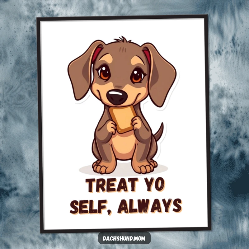 Funny Free Printable Wall Art: Kawaii dachshund focused intently on sneaking a delicious forbidden treat.