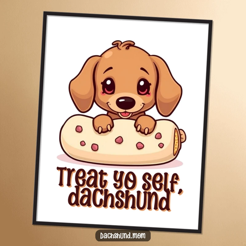Funny Free Printable Wall Art: Kawaii dachshund peeking coyly from behind a huge treat, showing off its funny personality.