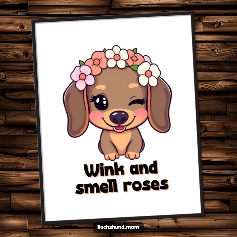 Funny Free Printable Wall Art: A kawaii dachshund adorned with a flower crown gives a mischievous, playful wink, a delightful DIY decor piece.