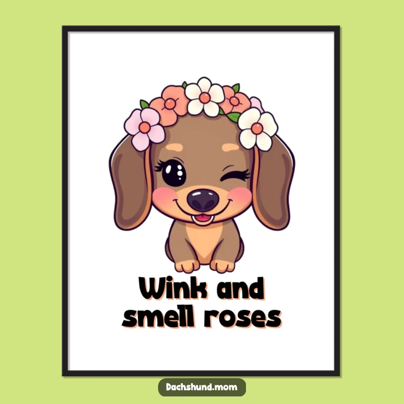 Free Printable Kawaii Dachshund Wall Art: Flower Crown Wink Downloadable Art, Funny Gift