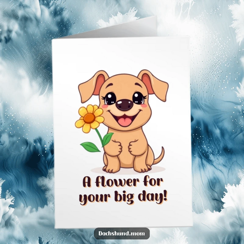 Funny Free Printable Birthday Card: Kawaii Dachshund with Big Grin Holding a Single Flower