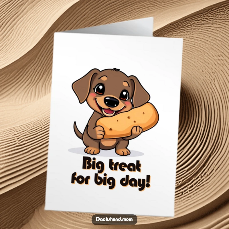 Funny Free Printable Birthday Card: Kawaii Dachshund with a goofy grin proudly holds an enormous, comically large treat.