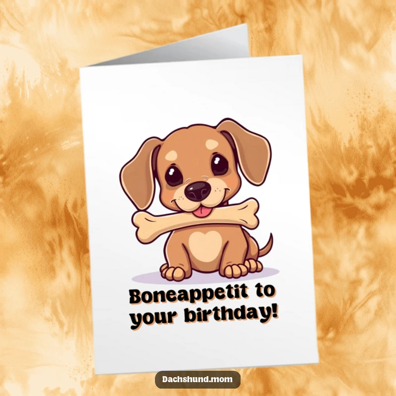 Funny Free Printable Birthday Card: Kawaii dachshund balancing a bone on its nose, humorous trick gift.