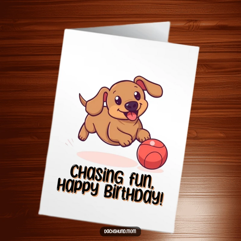 Funny free printable birthday card showing an active dachshund playfully chasing a brightly bouncing ball.