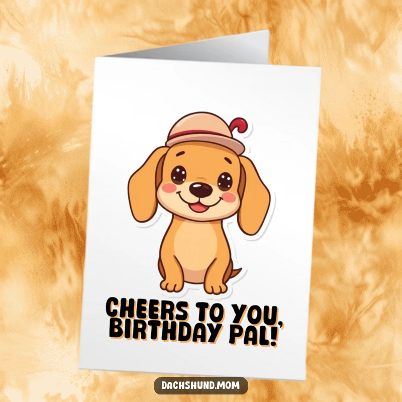 Funny Free Printable Birthday Card: Kawaii dachshund tipping a tiny hat with a genuinely cheerful grin.