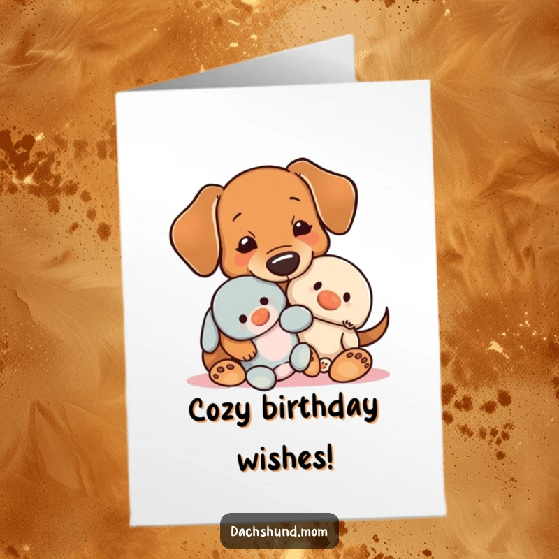 Funny Free Printable Birthday Card: Adorable kawaii dachshund cuddles a tiny plush toy, wishing a very happy birthday.