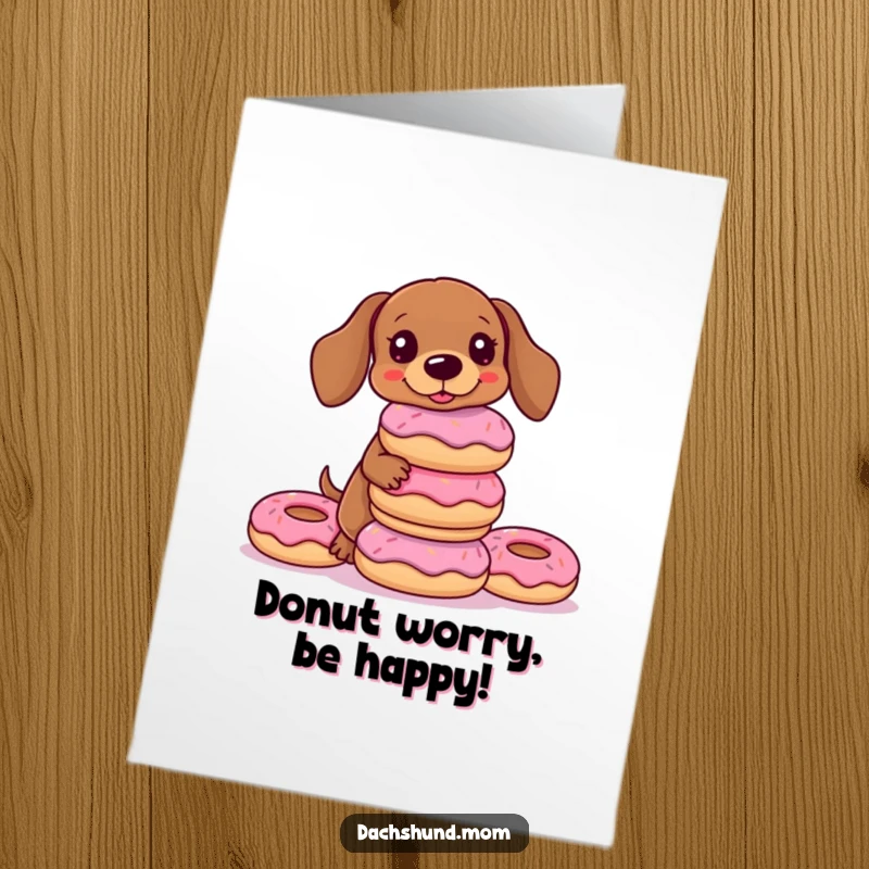 Funny Free Printable Birthday Card: Kawaii dachshund wobbling precariously with a tall stack of colorful donuts, a delightful DIY gift.