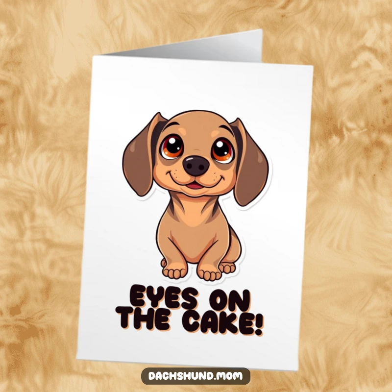 Funny Free Printable Birthday Card: Kawaii dachshund with big, sparkling eyes looking up in awe, a delightful DIY gift.
