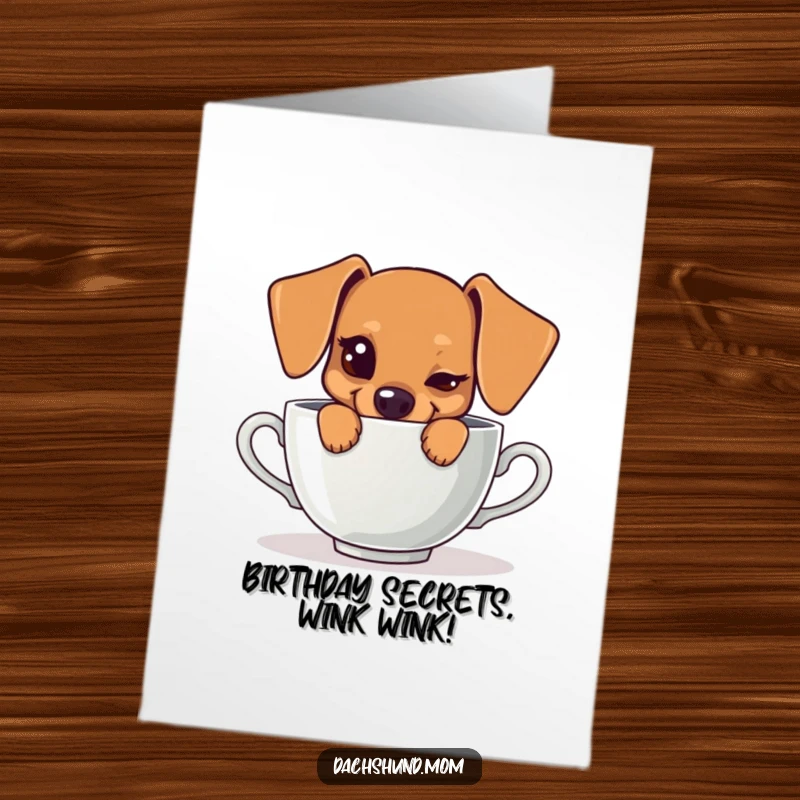 Funny Free Printable Birthday Card: A kawaii dachshund with a mischievous wink hiding behind a giant teacup.