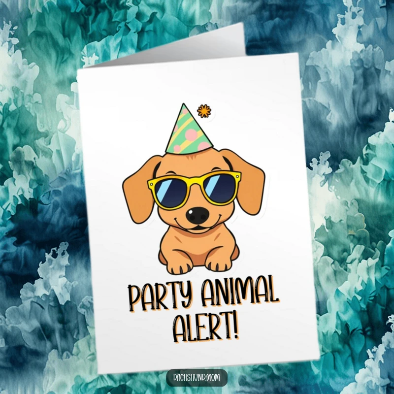 Funny free printable birthday card featuring a dachshund rocking tiny sunglasses and a festive party hat.