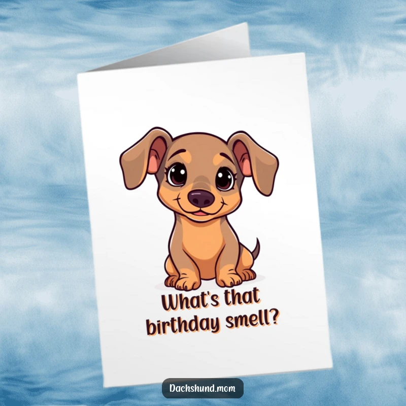 Funny Free Printable Birthday Card: Kawaii dachshund tilting head with a curious, questioning expression, adorable and intriguing.