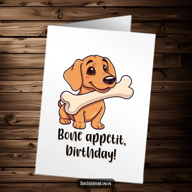 Funny free printable birthday card featuring a dachshund proudly posing with a comically oversized bone.