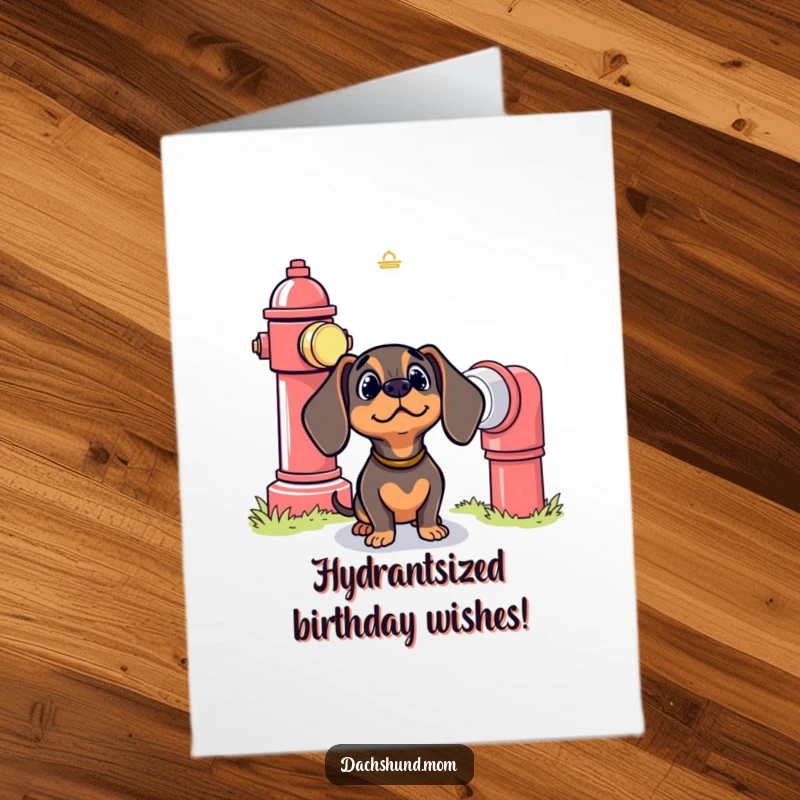 Funny Free Printable Birthday Card: Bewildered kawaii dachshund looking up at a giant fire hydrant, humorous dog gift.