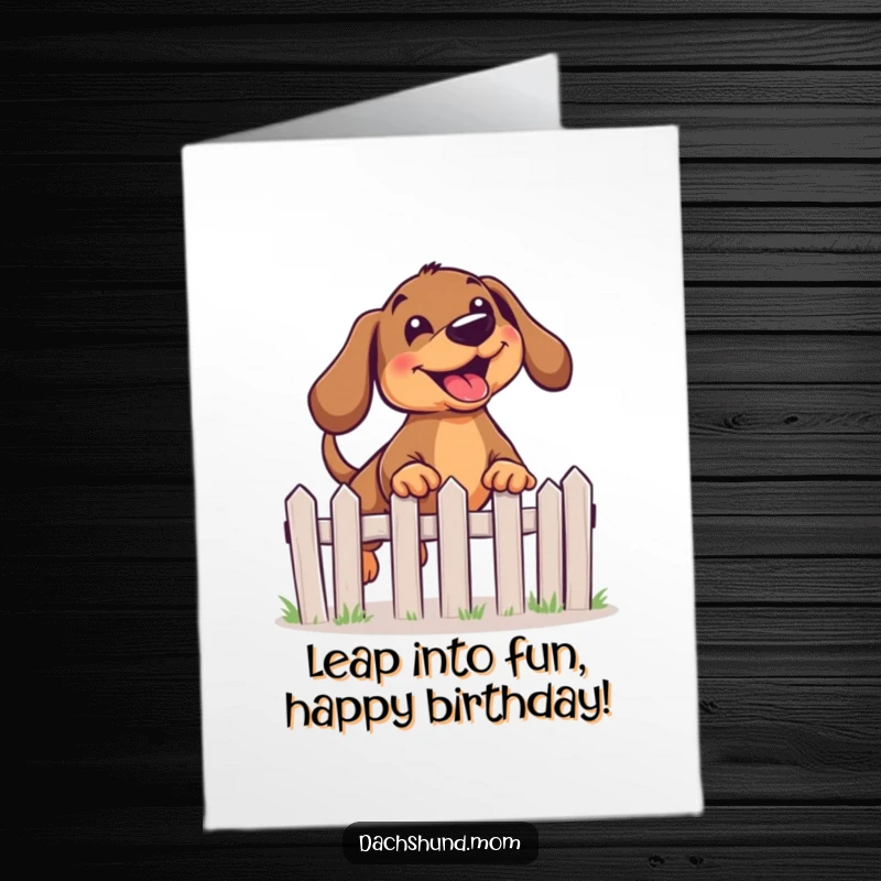 Funny Free Printable Birthday Card: A kawaii dachshund with a joyful expression happily leaps over a tiny miniature fence.