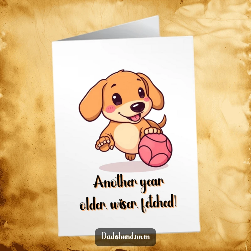 Funny Free Printable Birthday Card: Kawaii dachshund with rosy cheeks playfully chasing a bright red bouncing ball.