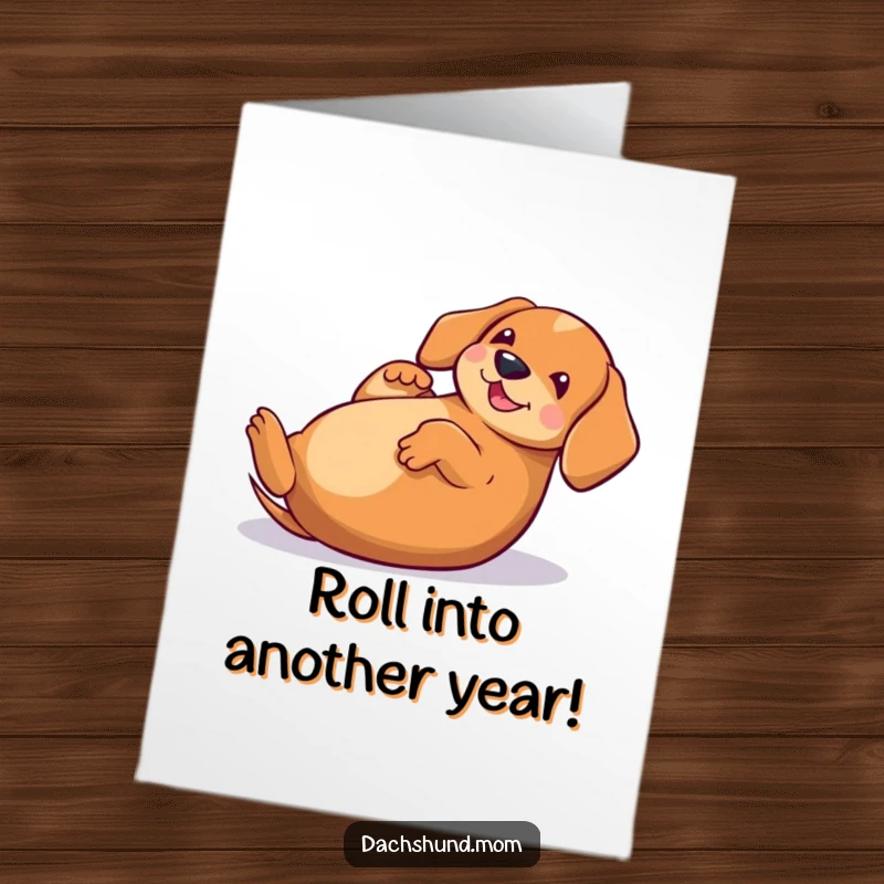 Funny Free Printable Birthday Card: Kawaii dachshund joyfully rolling on its back, spreading pure comical delight.