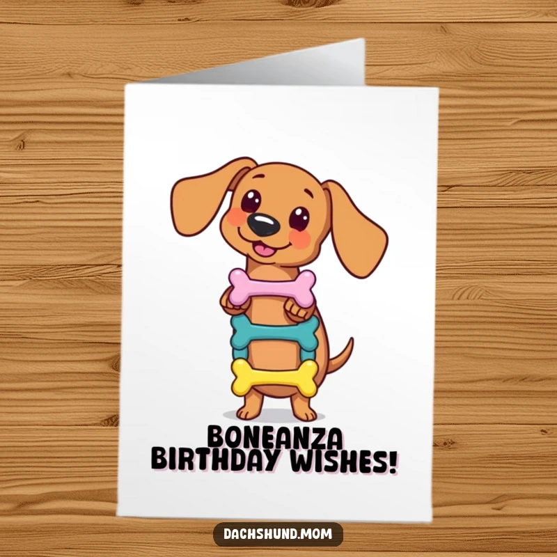Funny Free Printable Birthday Card: Kawaii dachshund skillfully balancing a small stack of colorful bones.