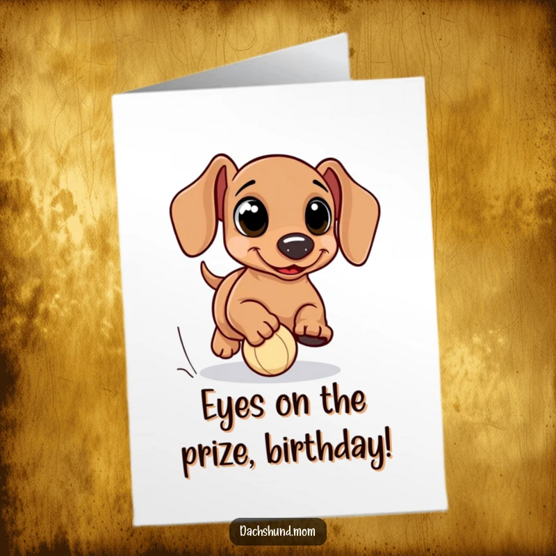 Funny Free Printable Birthday Card: Kawaii dachshund with giant eyes intently chasing a tiny red ball.