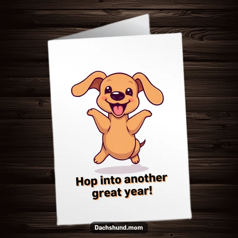 Funny Free Printable Birthday Card: Kawaii dachshund doing a joyful hop, its long body airborne with excitement.