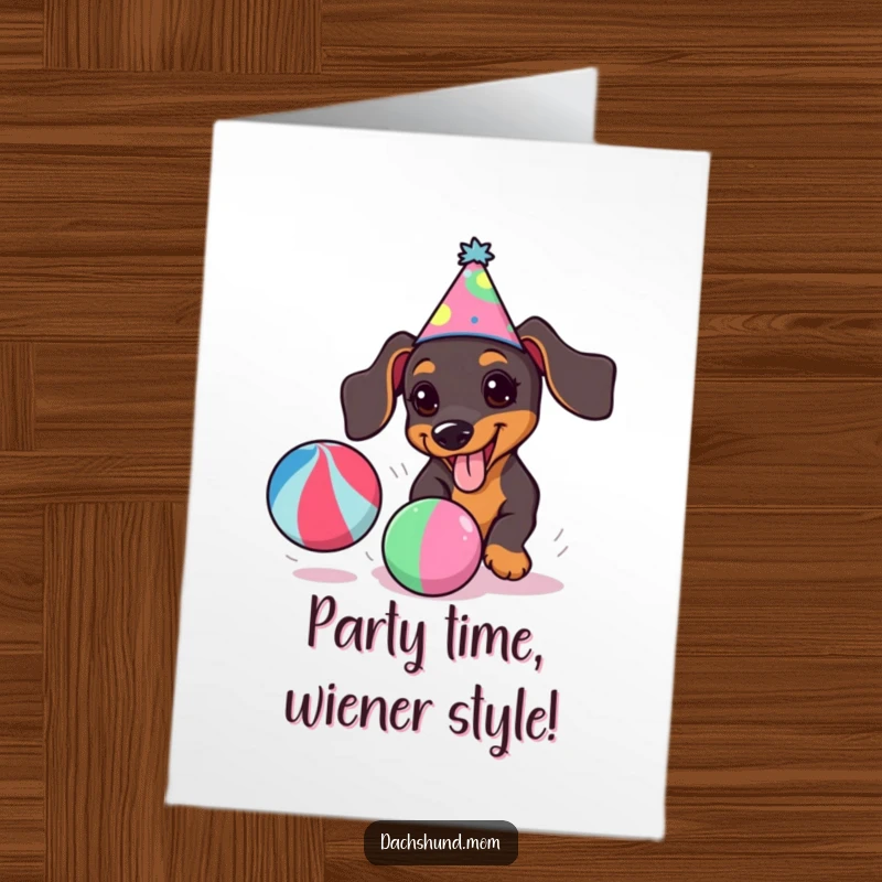 Funny Free Printable Birthday Card: Kawaii dachshund wearing a party hat, gleefully chasing a bright, colorful ball.