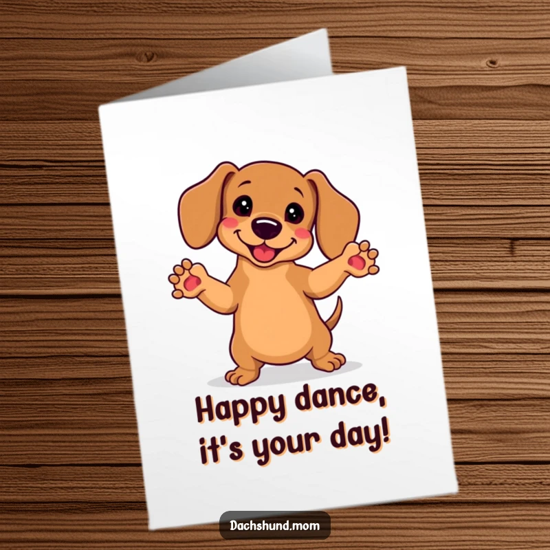Funny Free Printable Birthday Card: Kawaii dachshund joyfully dancing, both front paws raised gleefully.