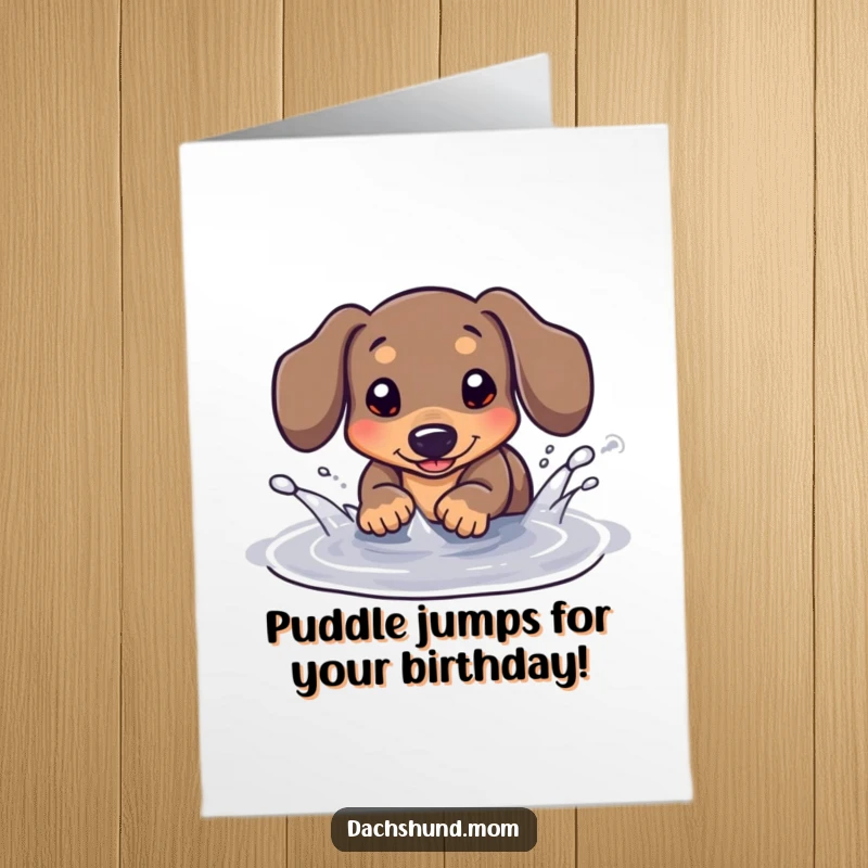Funny Free Printable Birthday Card with a kawaii dachshund playfully splashing in a tiny puddle, bringing cheerful vibes for a print-at-home message.