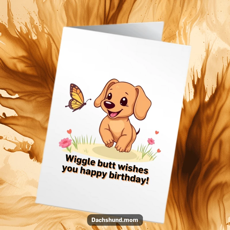 Funny free printable birthday card: A smiling Dachshund cub gleefully chases a butterfly across a meadow.