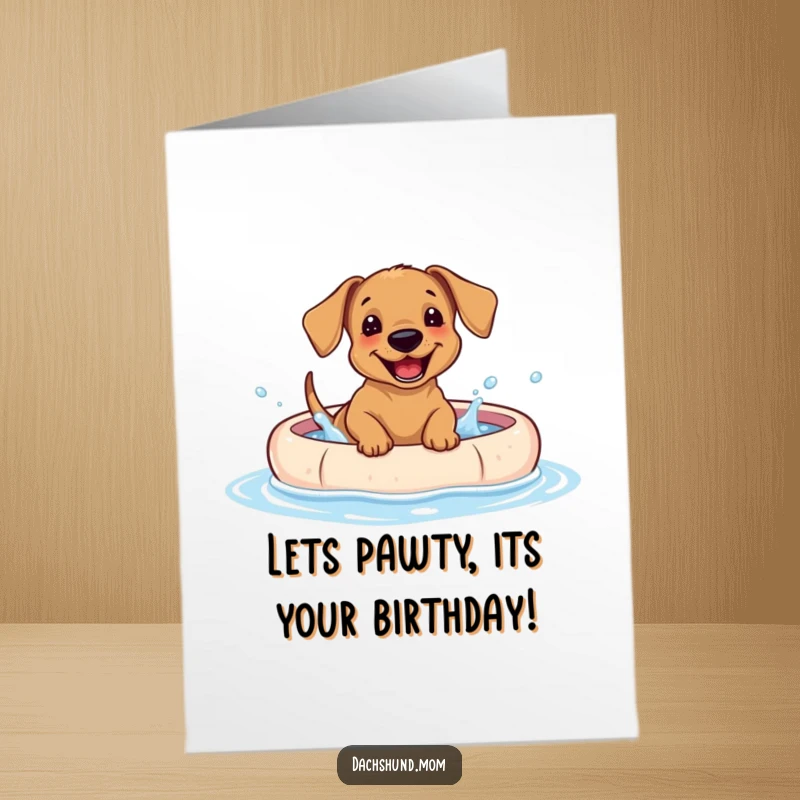 Funny free printable birthday card: A giggling Dachshund cub joyfully splashes in a shallow kiddie pool.