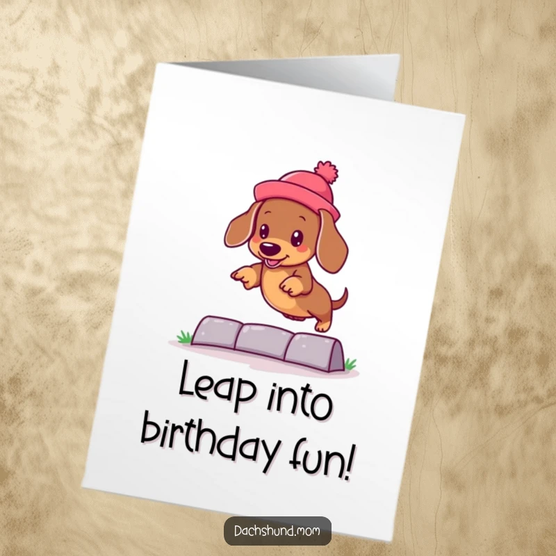 Funny Free Printable Dachshund Birthday Card: Kawaii dog wearing a silly hat, jumping over an obstacle.