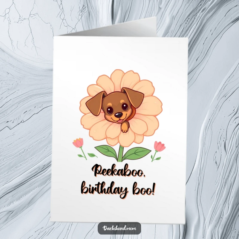 Funny Free Printable Dachshund Birthday Card: Tiny dachshund peeking out from behind a large, cheerful flower.