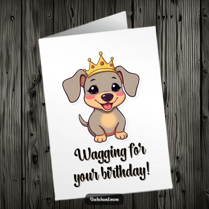 Funny Free Printable Birthday Card: Kawaii dachshund wearing a small crown, tail wagging excitedly for a birthday.