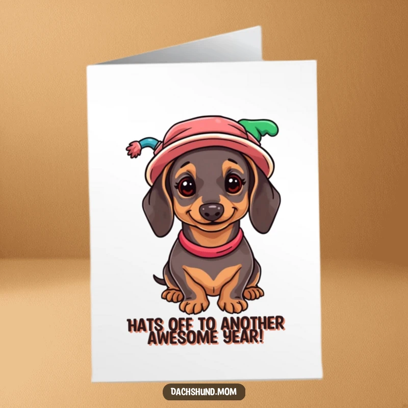 Funny free printable birthday card: a dachshund sporting a wild and colorful collection of mismatched hats.